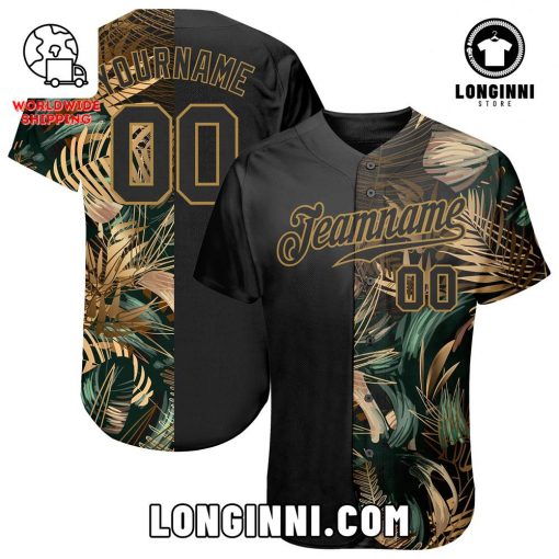 Custom 3D Golden And Green Tropical Leaves In The Style Of Jungalow Baseball Jersey