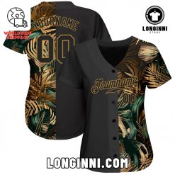 Custom 3d Pattern Design Golden And Green Tropical Leaves In The Style Of Jungalow And Hawaii Authentic Baseball Jersey WM 1