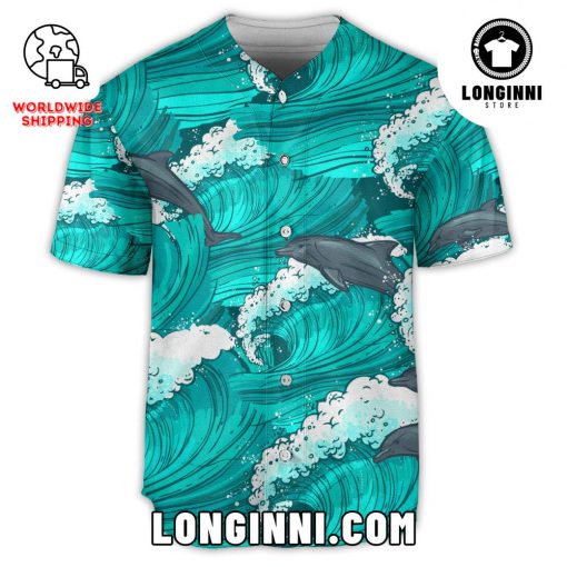 Dolphin With Wave Art Japanese Style Baseball Jersey