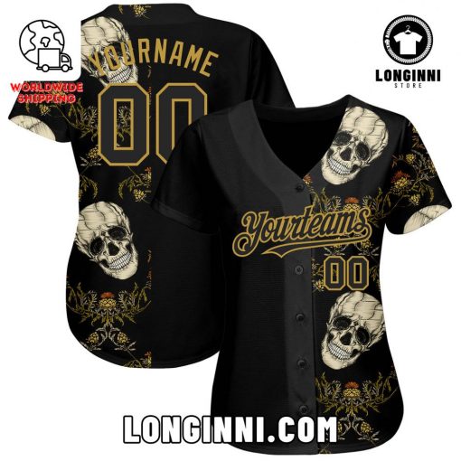 Cusrtom 3D Black Old Gold And Skull Authentic Baseball Jersey
